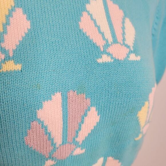 VINTAGE 90s sweater seashell‎ short sleeve crewneck blue S/M - Picture 5 of 8